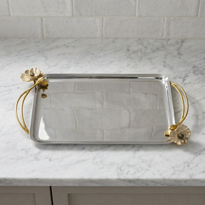 Bandeja de Servir de Acero Inoxidable de Lujo con Asas Decorativas de Flor de Orquídea en Latón Fundido, Plato Decorativo de Metal para Café y Té, Decoración para el Hogar - Product Image 1