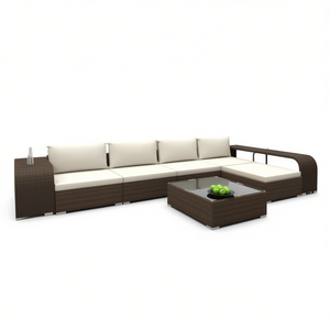 Divano da Esterno in Rattan Marrone con Cuscini Bianco Crema, Set da Giardino a 6 Posti, Design Contemporaneo - Product Image 1