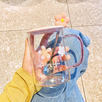 Tasse en verre Sakura esthétique avec couvercle et cuillère, grande tasse à eau en borosilicate haute résistance