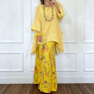 Women's Casual Cotton <b>Linen</b> Irregular Top And Wide Leg Pants <b>Set</b> Floral Print Smlxlxxlxxxl Europe America Style - Product Image 1
