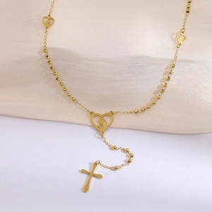 Collana Rosario Personalizzata all'Ingrosso con Ciondolo a Croce alla Moda, Versetto Biblico sulla Forza, in Acciaio Inossidabile Placcato Oro, Gioielli Religiosi - Product Image 5