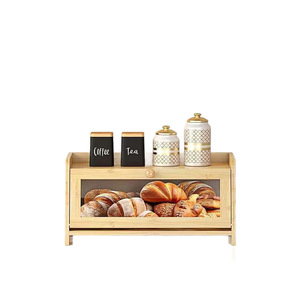 Bamboo Bread <b>Box</b> With Transparent <b>Glass</b> Double Layer Kitchen Countertop Storage For Baking Food Natural Wood Color Rectangle - Product Image 4