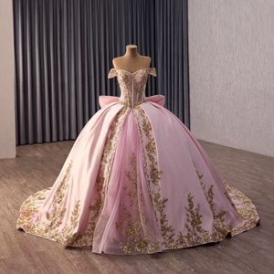 251157 Robe de bal de Quinceañera rose princesse, longueur ras du sol, avec nœud surdimensionné, perles, dentelle, taille naturelle et traîne chapelle - Product Image 2