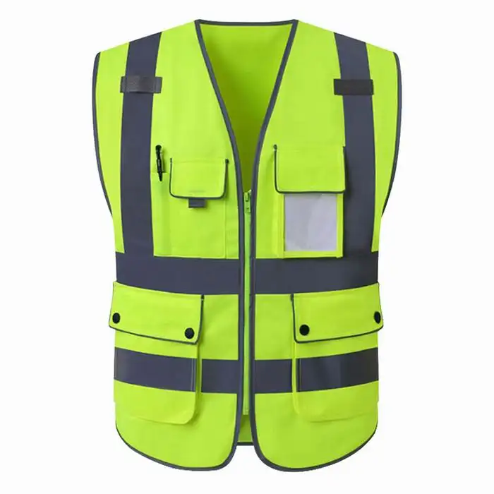 Chaleco reflectante de seguridad de poliéster de alta visibilidad con logotipo personalizado con bolsillos y cremallera Chaqueta reflectante Chaleco de noche de seguridad
