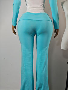 通気性のあるコットン・スパンデックス素材の女性用ラウンジウェア、ツートーンカラーのラグランスリーブと折り返しハイウエストパンツのツーピースセット - Product Image 4