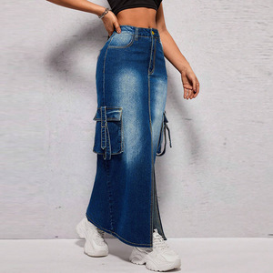 Y218632 Nouveau Modèle <span class=keywords><strong>Jupe</strong></span> en Jean pour Femmes Grandes Tailles <span class=keywords><strong>avec</strong></span> Poche Apparente et Fente, <span class=keywords><strong>Longue</strong></span> <span class=keywords><strong>Jupe</strong></span> en Denim - Product Image 4