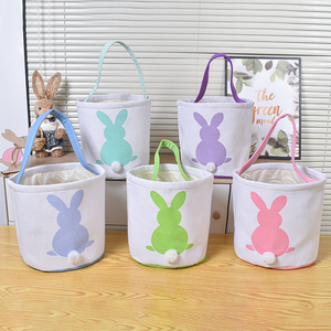 Wholesale Canvas Colorful Rabbit with Cute Pompom Tails Handle Storage <strong>Bunny</strong> <strong>Easter</strong> <strong>Basket</strong> - Product Image 2
