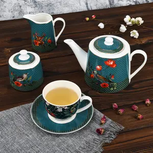 Ceramic Drinkware Set Flower Printed Fine Bone China Teapot With Tea Cup Set Gold Rim Milk Pot And Sugar Jar