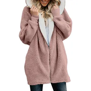 महिलाओं की 2019 गिरावट/सर्दियों मेमने बाल जिपर कार्डिगन जैकेट आलीशान ऊन Hooded जेब कमीज़