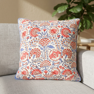 Housse de coussin en coton imprimé à la main, motif floral bohème, bleu Pigeon et rose Flamant Rose, avec passepoil, 100% coton, pour canapé, lit et décoration intérieure - Product Image 2