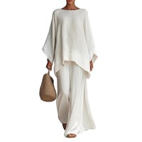 Ensemble décontracté 2 pièces pour femme : Blouse ample à col rond et manches chauve-souris aspect lin et pantalon large pour l'automne