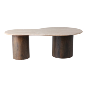 Tavolino da Caffè Ovale in Travertino con Base Cilindrica in Legno di Mango, Arredamento Moderno per Soggiorno - Product Image 4