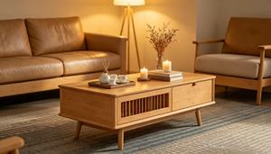 Table basse moderne en bois massif avec tiroir de rangement, meubles de salon de style mid-century - Product Image 5