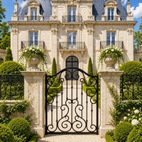 Portail piétonnier de jardin en fer forgé artisanal de luxe LINCAI |   Portail d'entrée latéral cintrée orné assorti à un système de clôture