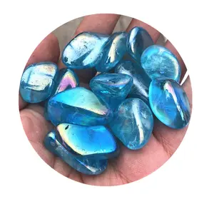 天然岩石天使光环石英蓝色电镀钛水晶砾石