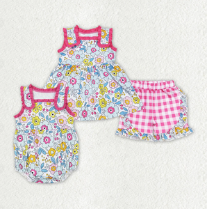 Tenue florale pour bébé fille, robe à volants sans manches, short à carreaux rose, ensemble de vêtements d'été pour tout-petits - Product Image 1