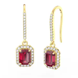 Fine Brand Custom 925 Silver Emerald Cut Ruby Gemstone Drop Hook Earrings Gold Plated Women Jewelry