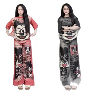 Conjunto de Pijama Estampado Tie-Dye de Talla Grande para Mujer Pantalones de Pierna Ancha Estilo Africano de Verano Conjunto Informal Holgado de Dibujos Animados de Dos Piezas para Estar en Casa - Product Image 1