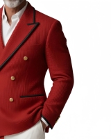 Blazer Homme en Denim Texturé Rouge de Luxe, Double Boutonnage, Passepoil Noir, Boutons Dorés Élégants, Coupe Slim, Idéal pour Soirées Printanières