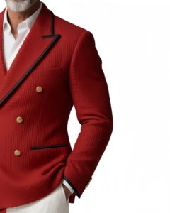 Blazer <span class=keywords><strong>Homme</strong></span> en Denim Texturé Rouge de Luxe, Double Boutonnage, Passepoil Noir, Boutons Dorés Élégants, Coupe Slim, Idéal pour Soirées Printanières - Product Image 4