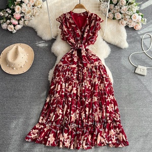 Robes d'été élégantes en mousseline imprimée, col en V, taille cintrée, coupe trapèze - Product Image 6