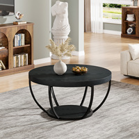 Table basse ronde industrielle de 32 pouces à 2 niveaux en bois avec rangement ouvert, table d'appoint circulaire, meubles de salon, noir