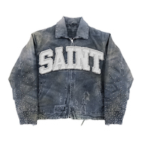 Vestes en Jean Homme Personnalisées Streetwear Vintage Délavées Brodées, Blousons de Travail Amples avec Fermeture Éclair en Toile