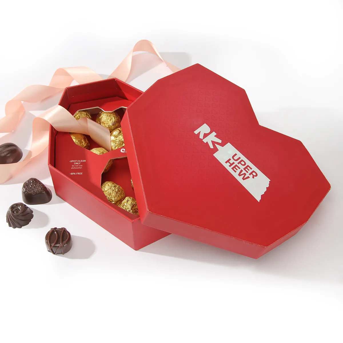 Rigid Chocolate Valentine Gift Case Red Candy Box Heart Shape Chocolate Boxes With Divider Insert