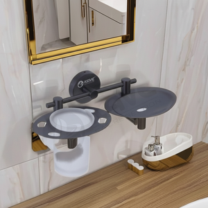 Porte-savon en acier inoxydable avec porte-gobelet Grace Noir Finition PVD Ensemble de salle de bain mural Antirouille Élégant Accessoire moderne - Product Image 1