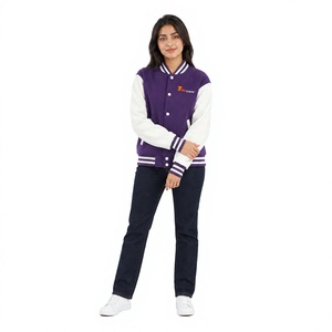 Veste universitaire en laine pour femme Tiierwear, couleur unie violet et blanc, boutons pression, logo brodé, veste bomber style universitaire - Product Image 1