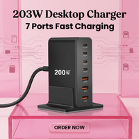 Chargeur de bureau vertical 200W GaN avec base fixe pour la maison, le bureau, le dortoir, station de charge USB C PD 100W max 7 ports