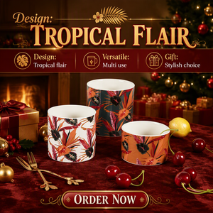 Ensemble de 3 bols de service en céramique peints à la main avec plateau en <span class=keywords><strong>bois</strong></span>, motif feuille tropicale et soleil, pour fruits, salades, desserts, cadeau de fête - Product Image 1
