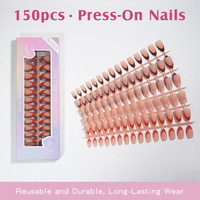 150 faux ongles courts en amande à presser, 5 couleurs, classiques, style French Manucure, nude marron, réutilisables, en gel, 15 tailles, en boîte