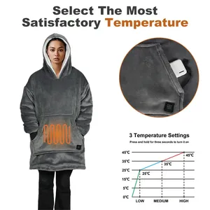 USB Heated <strong>Hoodie</strong> <strong>Mens</strong> 3 Temperature Settings Carbon Fiber Heating Flannel Wearable Electric <strong>Blanket</strong> with Sherpa Lining Gray - Product Image 5