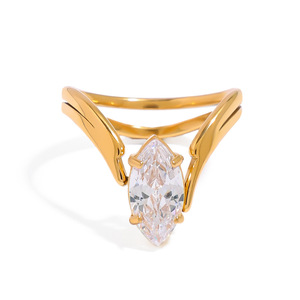 Anillo de compromiso chapado en oro para mujer con circonita marquesa y engaste de púas, diseño geométrico, anillo de moda JDR0102012 - Product Image 1