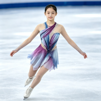 Robe de patinage artistique asymétrique bleu violet ombré, manches longues en maille avec strass faits à la main, costume pour femmes et filles, compétition, spectacle sur glace
