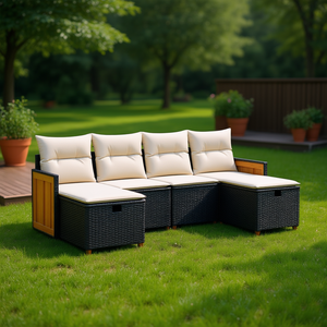 Ensemble de canapé de jardin 6 pièces avec pieds réglables, en rotin noir, mobilier d'extérieur de style contemporain avec rangement - Product Image 2