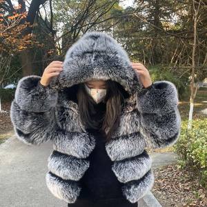 Mengjiqiuchen-veste en peluche pour femmes, manteau d'hiver chaud, à capuche, en argent, véritable fourrure de renard, mode QC20110 - Product Image 4