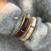 Bracelet ovale en acier inoxydable plaqué or 18 carats PVD avec résine d'ambre blanc, ensemble de bijoux vintage géométriques d'hiver étanches pour femmes