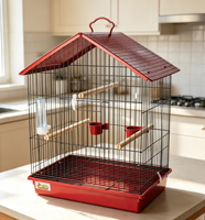 Cage à oiseaux sur roulettes avec cadre noir, plateformes d'activités latérales, anneaux de balançoire suspendus, plusieurs perchoirs et kit complet d'alimentation pour oiseaux