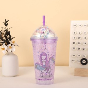 450ml Kawaii Mermaid Print Double Wall <b>Plastic</b> Tumbler with <b>Straw</b> Dome Lid Colorful Tinsel & Mini Mermaid Figurine for Girls Sum - Product Image 4
