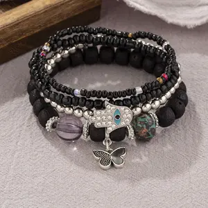 Butterfly Bead Bracelet For Women Accessories Antique Turkish Evil Eyes Palm Multilayer Mixed Color Beaded Bracelet Set Bohemia