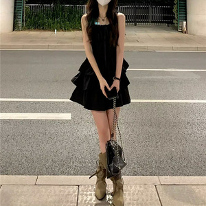 French Style Black Slip Dress Off Shoulder Ruffles Waist Cinching Princess Puffy Skirt Summer 2026 Daily Wear - Product Image 3