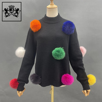 Janefur en stock printemps automne hiver tricoté boules de fourrure de renard pull en laine mode femmes amovible coloré boule de fourrure pull