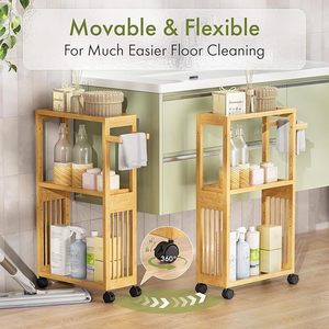 Estante de almacenamiento de madera de 3 niveles, estantería de bambú para baño con ruedas para papel higiénico y artículos de limpieza - Product Image 3