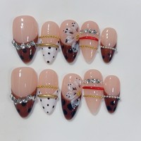 Faux ongles en amande à pois, faits à la main, 10 pièces, imprimé léopard marron, perles dorées, pack varié