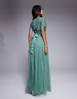 Robe de bal moderne et élégante, col en V, manches longues, dos lacé, respirante, grande taille, longueur ras du sol, en polyester/nylon tricoté naturel