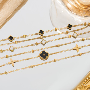 Bracelets de créateur de luxe célèbres en or 18 carats, argent et acier inoxydable, avec chaîne à maillons mini multicouches et breloques cinq fleurs, papillon, trèfle - Product Image 2