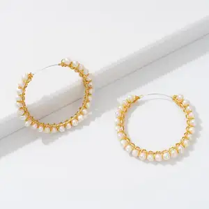 High Quality South Sea Bridal 18K Gold Plated Natural Fresh Water Pearl Round Hoop Huggie Hinged Earrings