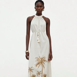 Wholesale Woven Natural Washable Short Sleeve Regular Fit Maxi Dress <b>Ladies</b> Split <b>White</b> Black Beach Boho Summer - Product Image 1